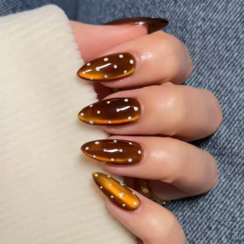 Medium fake nails for women girls glossy glass effect cat eyes nail tips with polka dots design almond shape press on false nail