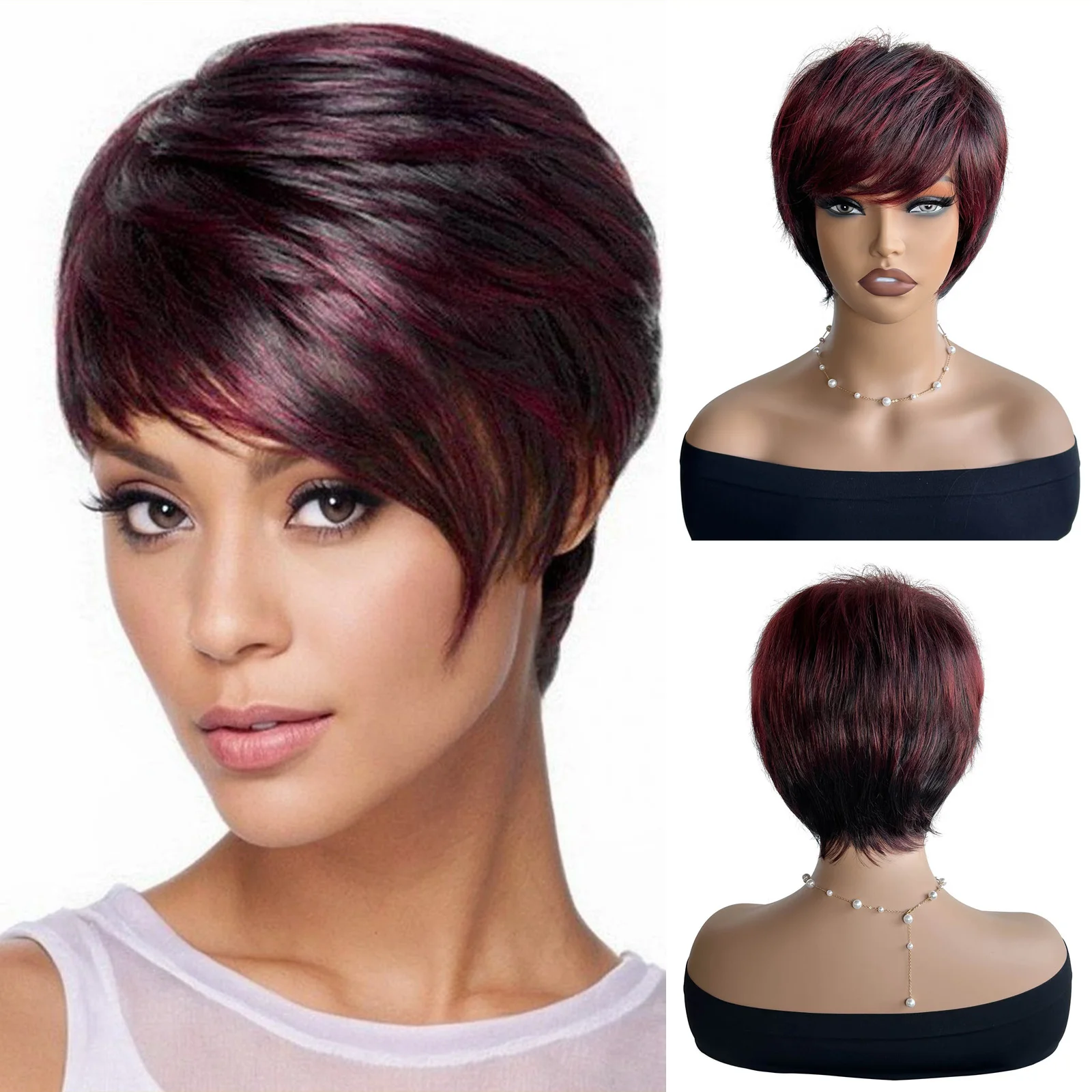 

BCHR Short Pixie Cut Wigs Burgundy Red Wigs With Bangs for Women Synthetic Hair Wig