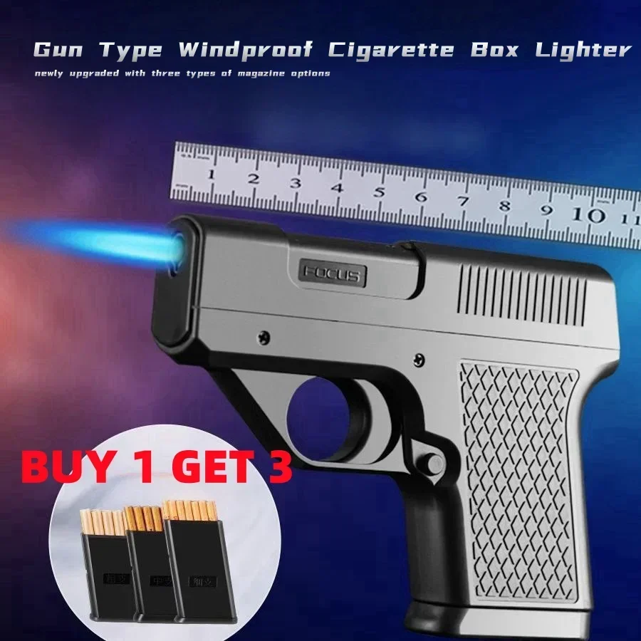 Windproof Multifunctional Gun Inflatable Lighter with Cigarette Box Jet Flame One Key Ignition Outdoor Lighter Men\'s Gift