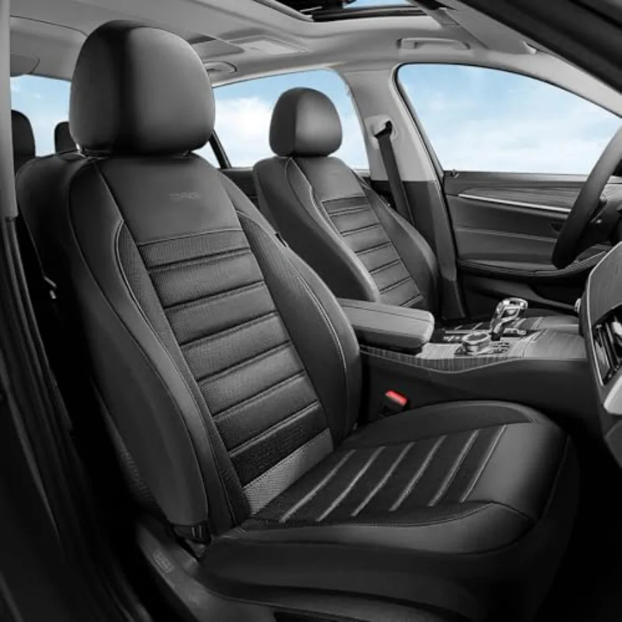 

Front Seats Luxury Leather Car Seat Covers 2 Pack Automotive Mesh Airbag-Compatible Black Seat Covers for SUV Sedan Truck