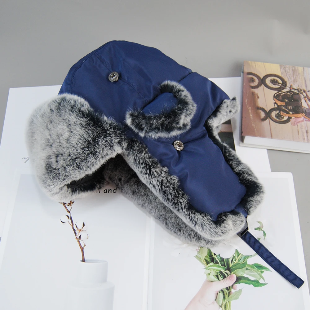 Men Outdoor Super Warm Real Rex Rabbit Fur Bomber Hats Natural Soft Rex Rabbit Fur Ear Protection Cap Russia Winter Real Fur Hat