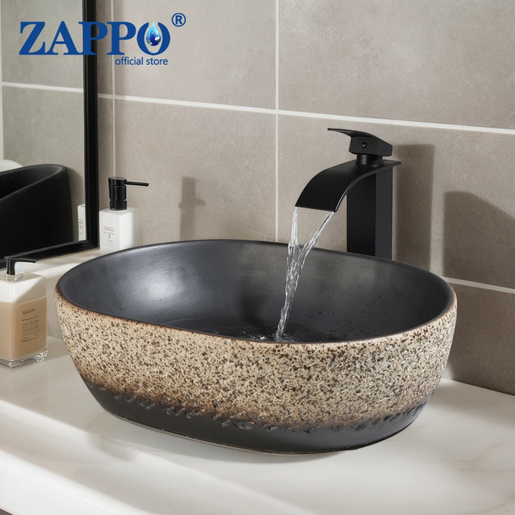 

ZAPPO Marbling Bathroom Vessel Sink with Waterfall Faucet Big Combo Stone Vessel Sink Above Counter Oval Bathroom Sink Bowl US
