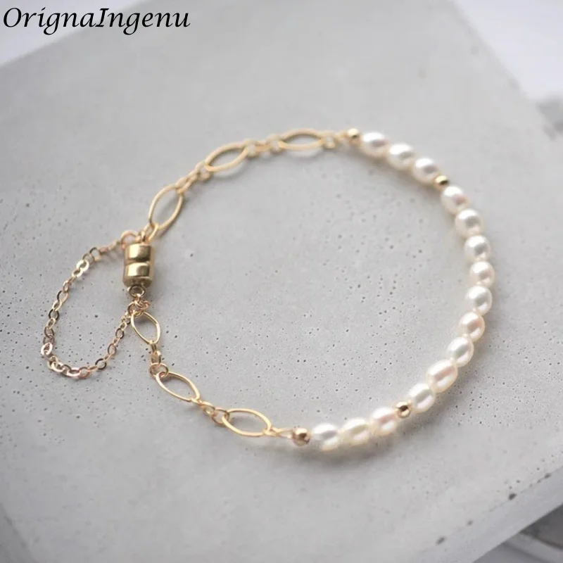 

14-каратное золото, натуральный органический жемчуг, браслет-цепочка ручной работы, устойчивые к потускнению ювелирные изделия для женщин, свадебный подарок