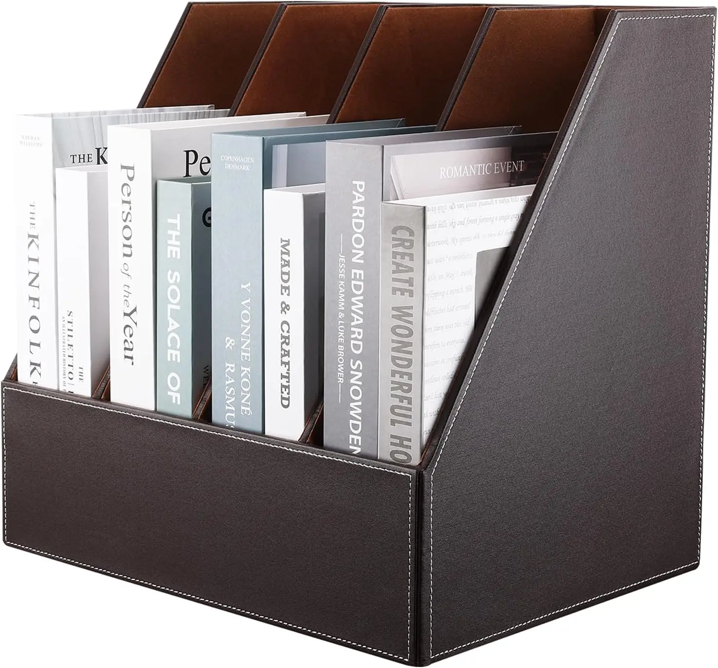 4-Slot Wood Leather Document Files Holder Rack Stand Desk Files Organizer Papers Collection Cabinet (4 slot brown)