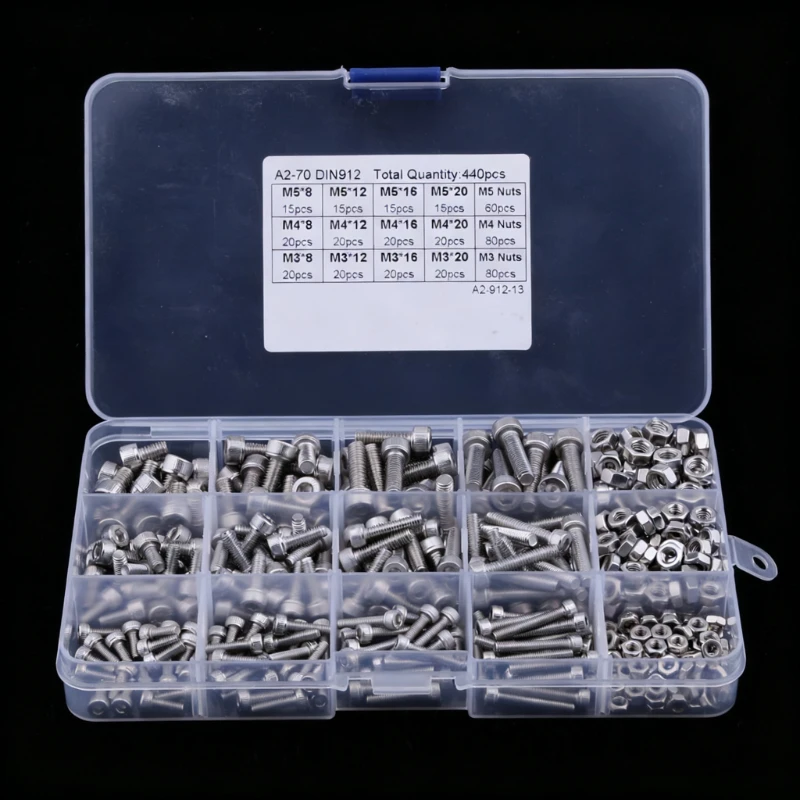 

440Pcs screw set M3 M4 M5,304 Stainless Steel Hexagon Hex Socket cap round Head Screws bolts nuts Assortment Kit for fpv drones