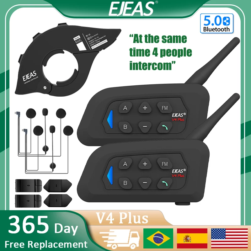 EJEAS V4 Plus Motorcycle Helmet Bluetooth Intercom Headset 4 Rider Interphone Communicator Equipped with Remote Control Function