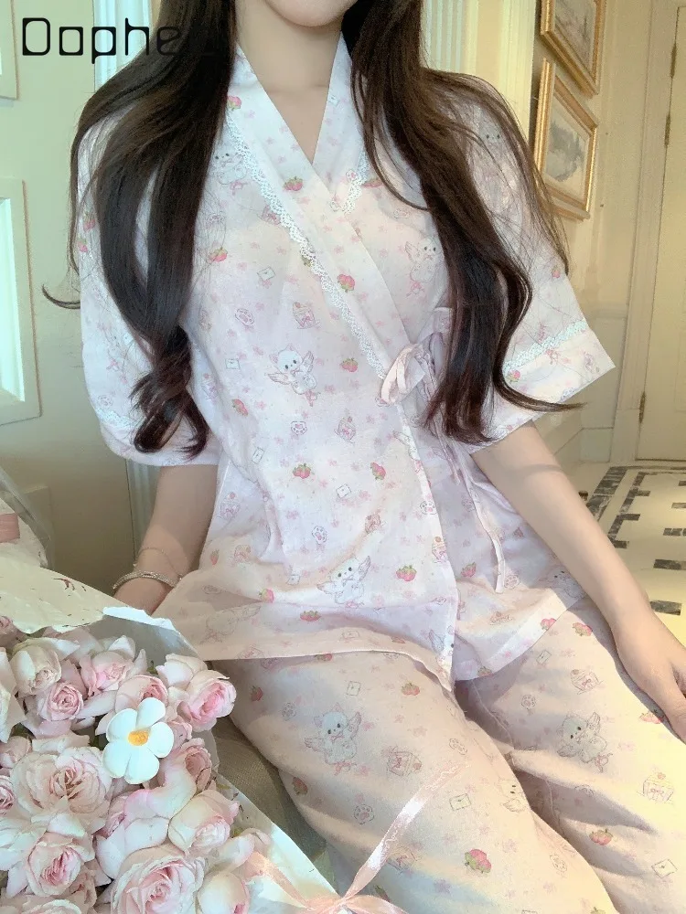 Japanese-style Pure Sweet Girl Cartoon Print Pajama Set Lace Edge V-neck Short-sleeve Pants Two-piece Set for Women's Loungewear