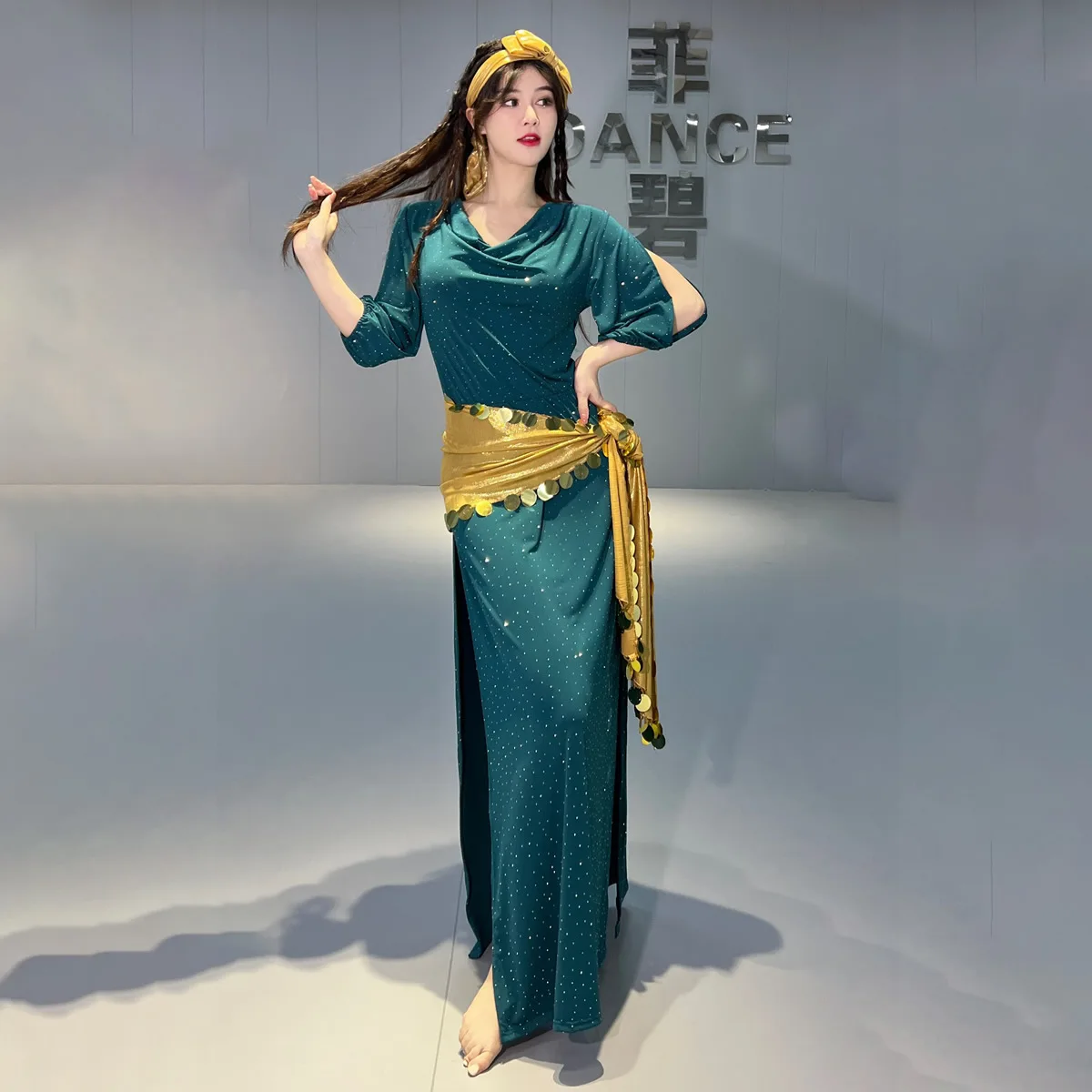 مجموعة أزياء أداء الرقص الشرقي للنساء نصف كم رداء قطني + غطاء للرأس + حزام 3 قطعة رداء أداء شابي بلدي #2