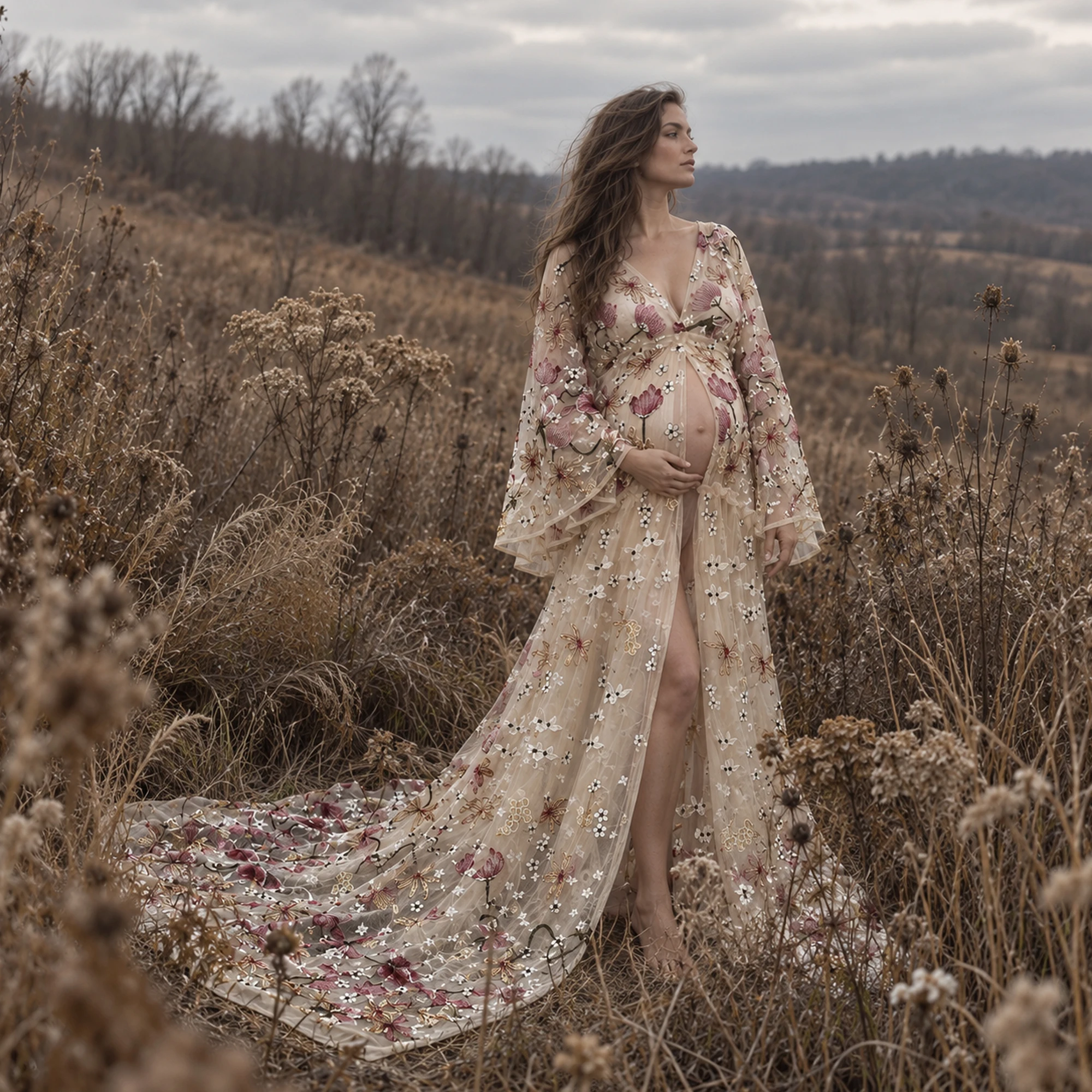 Don&Judy Butterfly Appliqués and Bell Sleeves Sheer Embroidered Kimono-Style Robe with Floral Dress Bridal Party Evening Gown