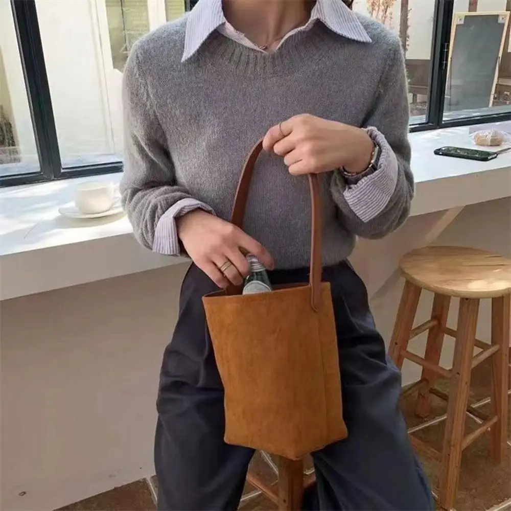 

Fashion Vintage Suede Bucket Bag Pure Color Handbag Matte Pu Leather Shoulder Bag Purse Korean Style Underarm Bag Ladies