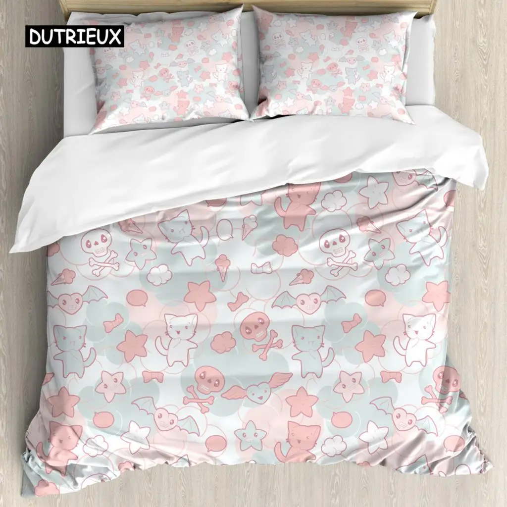 

Nursery Duvet Cover Set Cartoon Styled Cats Bats and Skulls Japanese Inspired Kawaii Design Queen Size Twin Bedding Set for Kids