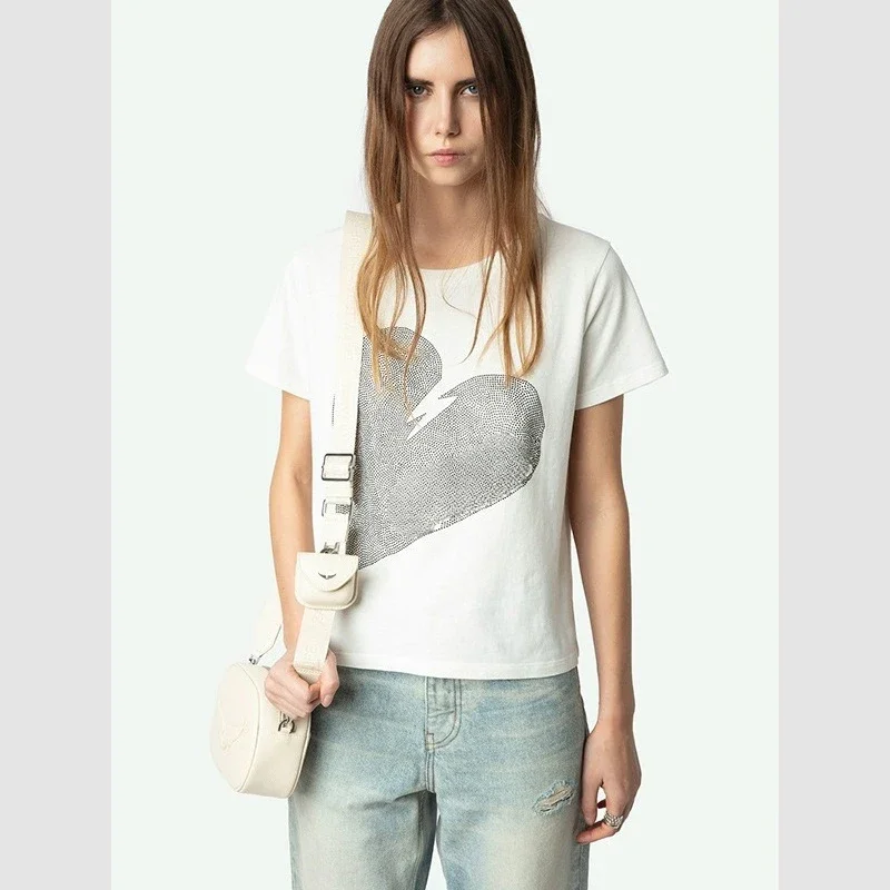 

25. летняя новая французская ниша с большим любовным письмом Hot Diamond, белая хлопковая женская футболка с круглым вырезом и короткими рукавами