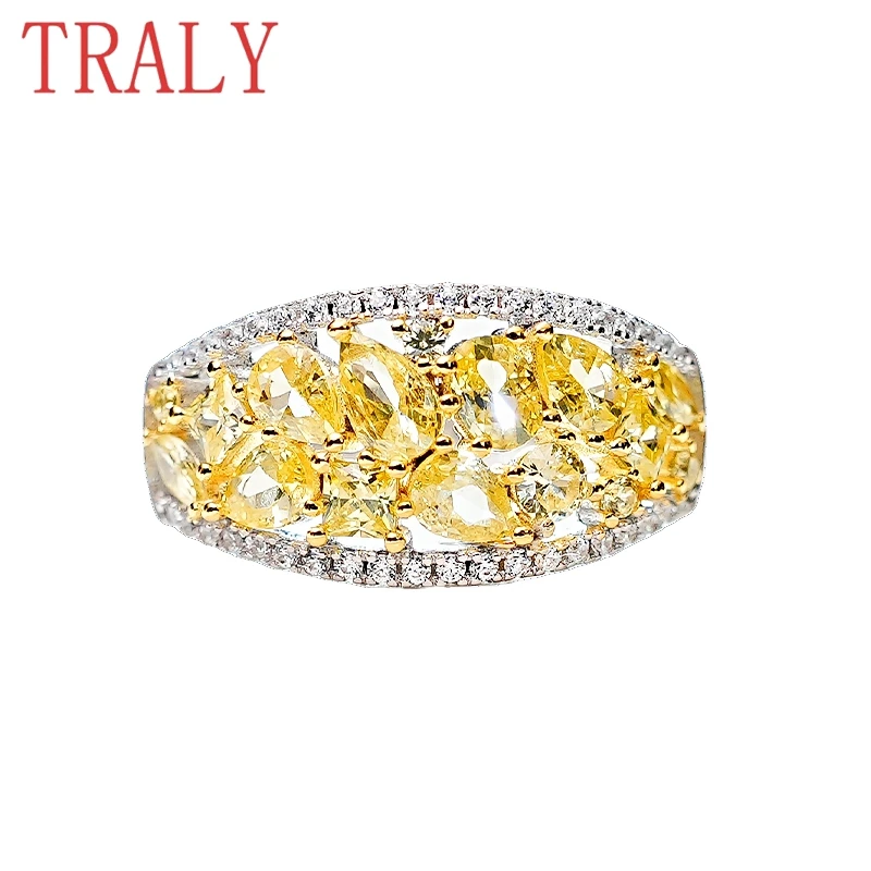 

925 Sterling Silver Ring for Women Coloured Gemstone Row Rings Classic Yellow Diamond Wedding Bands Luxury Jewelry Party Gift