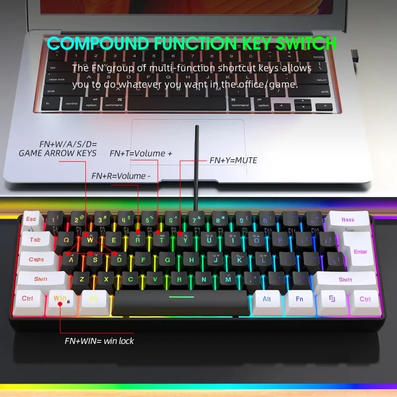 Mouse dan Keyboard 60%, set Kombo permainan komputer pc kabel lampu latar, kit mouse kantor ergonomis teclado