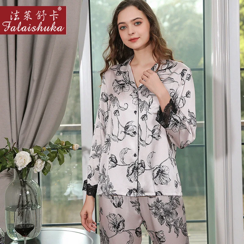 16 momme 100% genuine silk pajamas sets women sleepwear fashion Elegant pure natural silk White Lotus pyjamas T8260