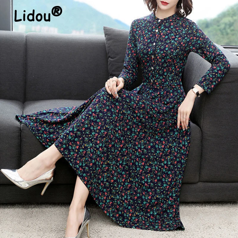 

Vintage Floral Printed High Wais Elegant Party Dresses for Women 2023 Spring Autumn Fashion Long Sleeve Slim Midi Dress Vestidos