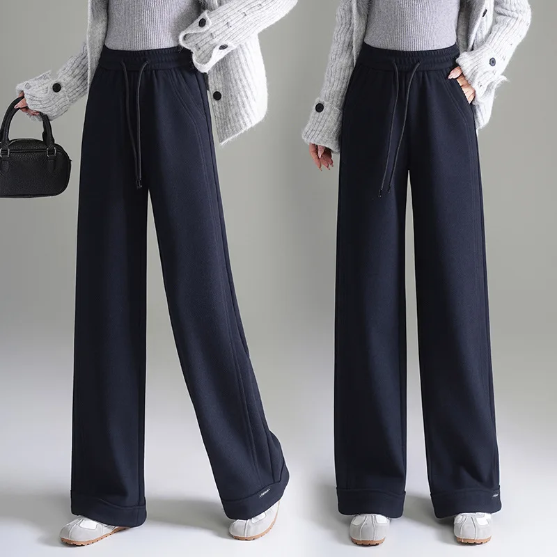 

Narrow Woolen Trousers Winter Elastic Waist Drawstring Straight Casual Pants