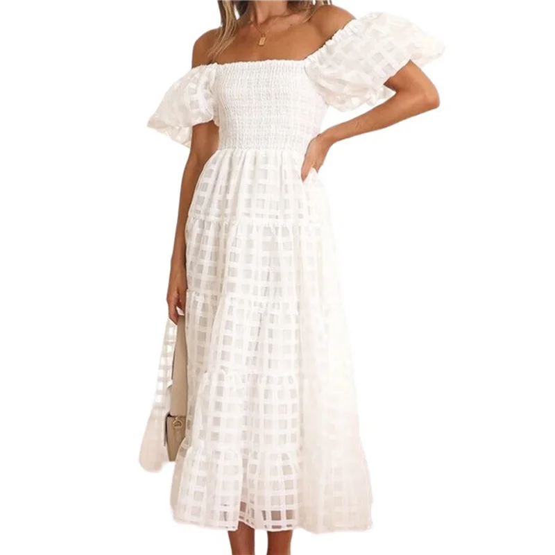 ABP-Vestiti lunghi maxi da donna a maniche corte gonfie con scollo quadrato e smock a strati