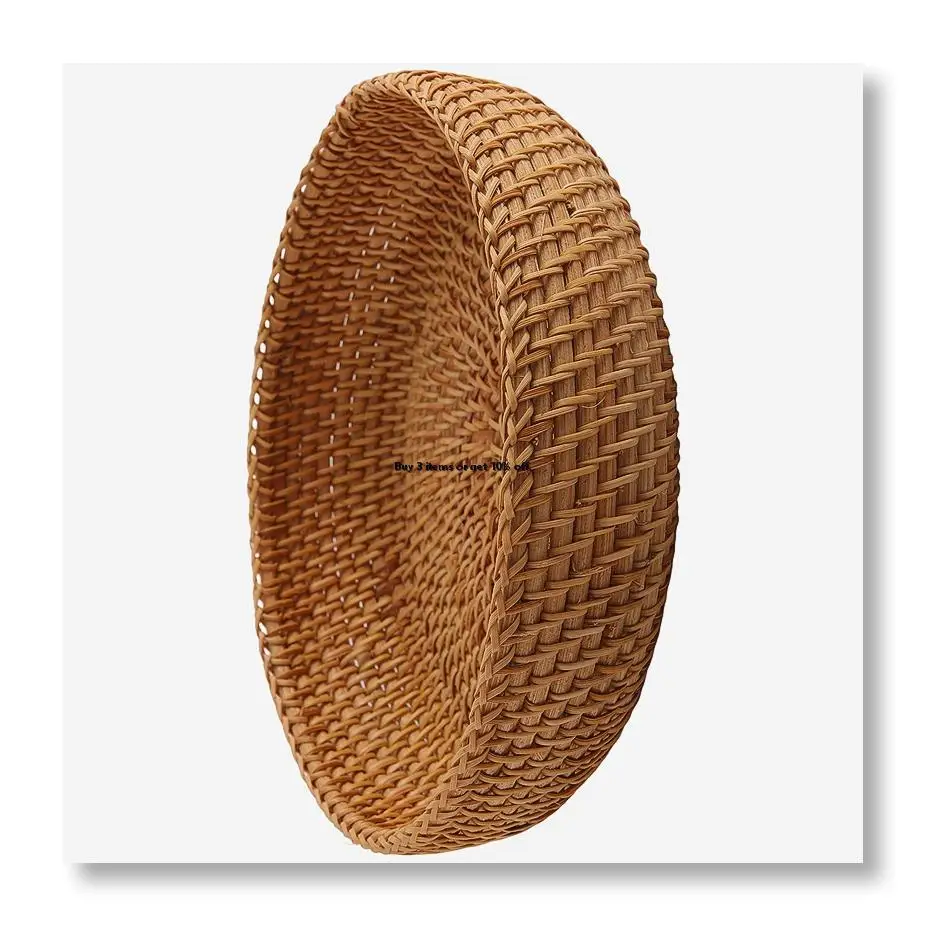 ●Handmade Autumn Rattan Weaving Round Storage Basket Fruit Dish Rattan Bread Basket for Kitchen Food Picnic Bread Sundry Min