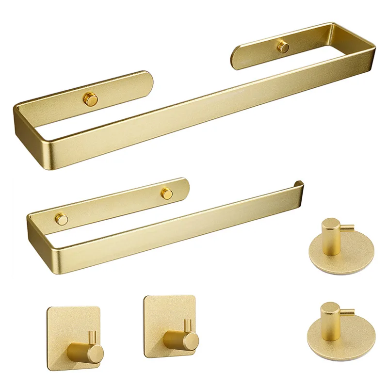 

No Drill Space Aluminum Bathroom Towel Rack Gold Kitchen Paper Holder Wall Mounted