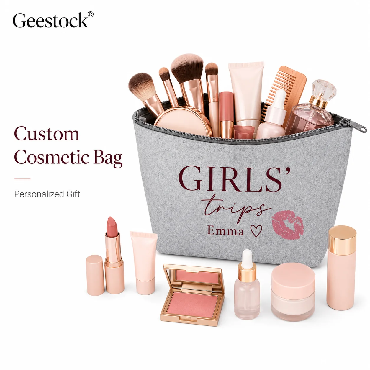 Personalized Makeup Bag Custom Name Felt Cosmetic Pouch Large Toiletry Organizer For Girls Trip College Roommate Group Gift Set