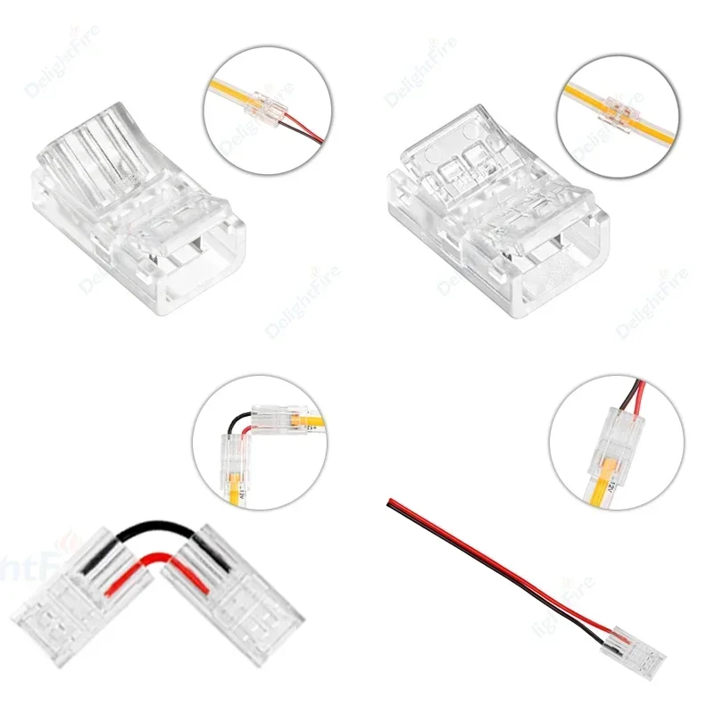 Fast Connectors COB LED Strip Connector For 2pin 8/10mm 2pin SMD COB 5050 2835 Single Color LED Tape Solderless Right Angel Wire