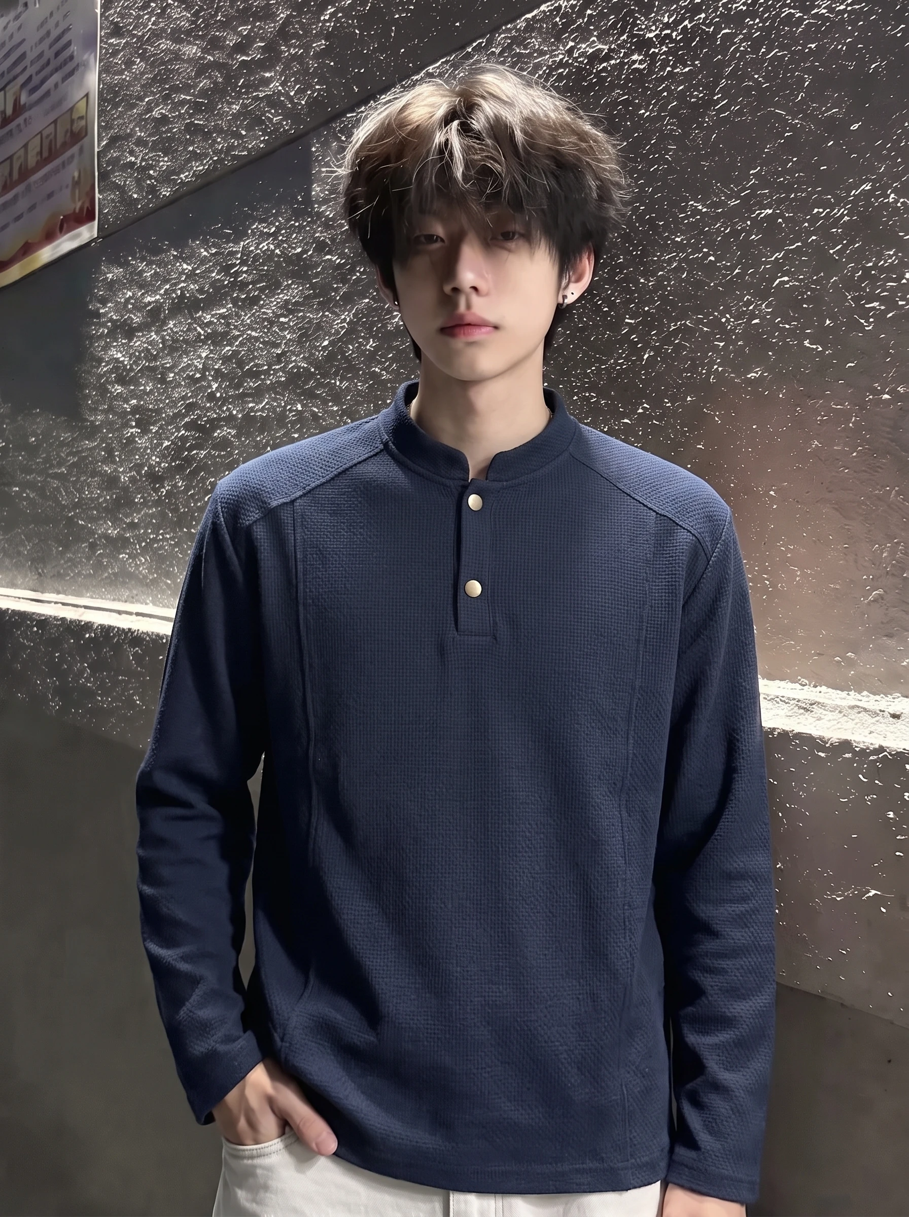Black Dragon Scale Texture Henry Collar Long Sleeve Men's T-Shirt  Shirt Structure Shoulder Muscle Sense Stand Collar Swe...