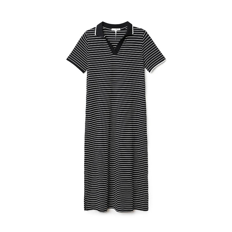 Summer Women Cotton T-shirt Dresses Female lapel Collar Short Sleeve Large Size Elegant A Line Black Stripe Below Knees Vestidos