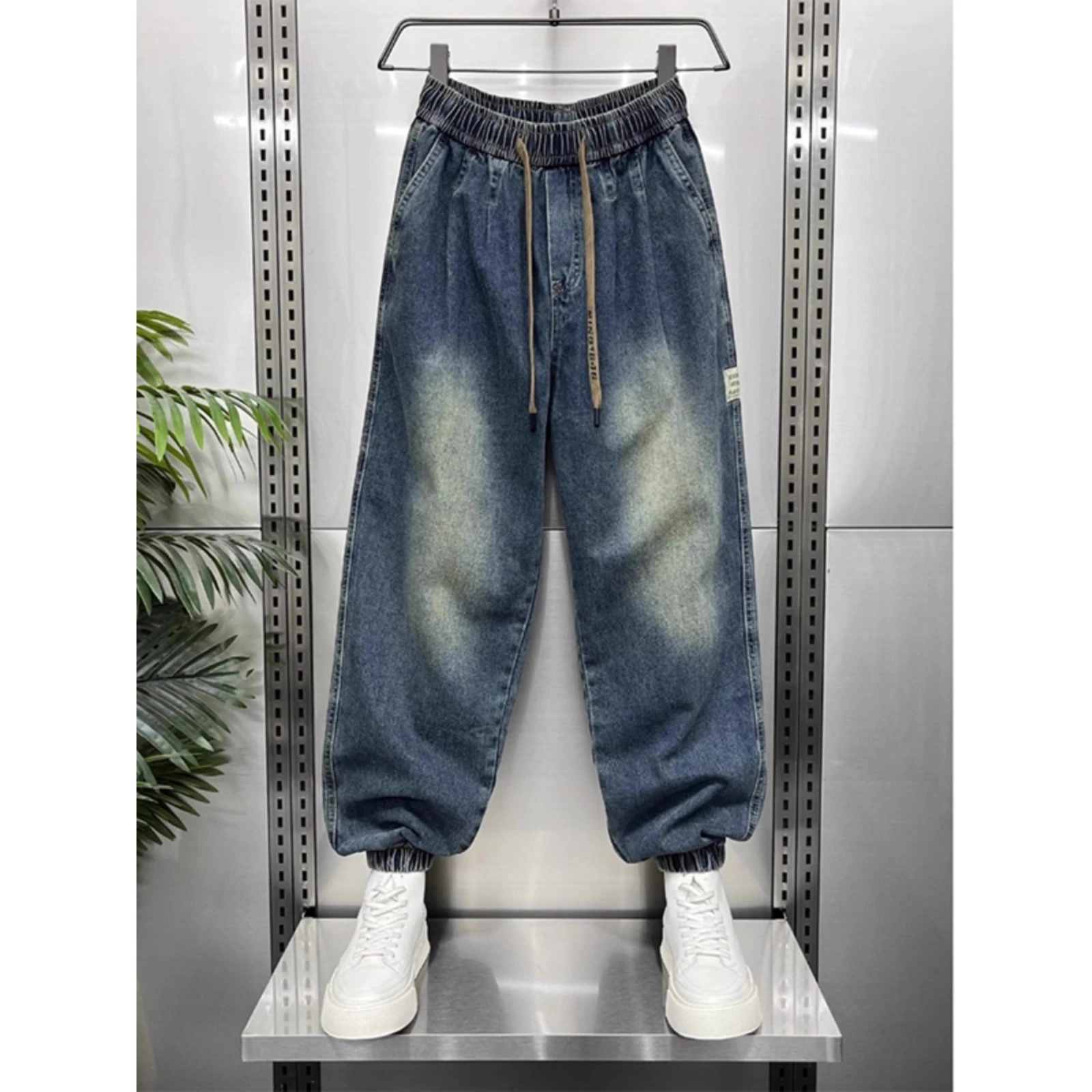 

Очень большие винтажные свободные мужские джинсы с поясом 300 и эластичной резинкой на талии, повседневные брюки с манжетами Харлан, осенний сезон, полиэфирное волокно