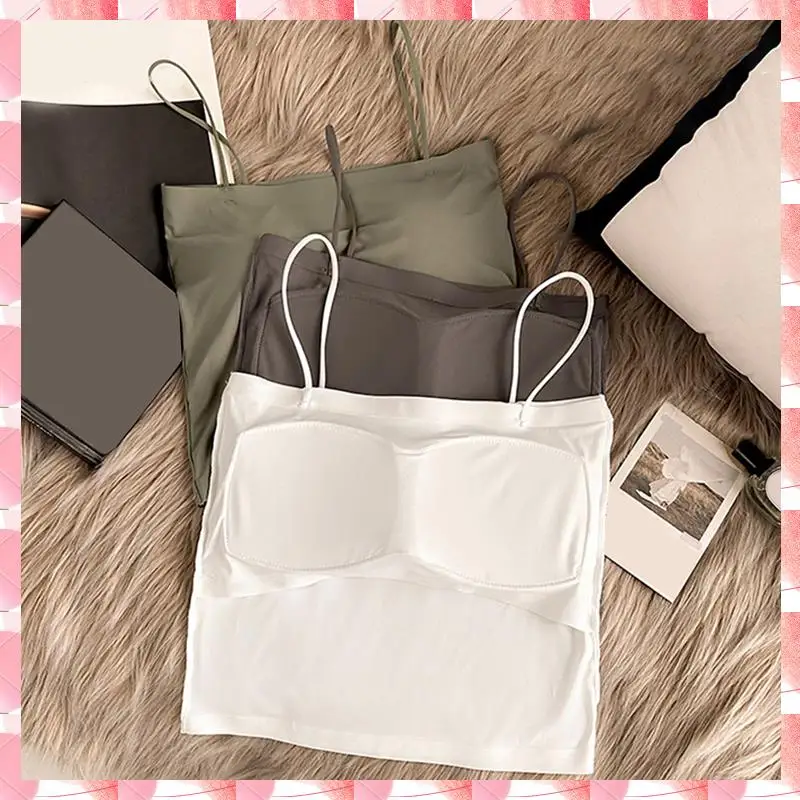 Women's Ice Silk Camisole With Chest Pad Anti-Light Bottoming Tops Cropped Tanks Can Be Worn Outside