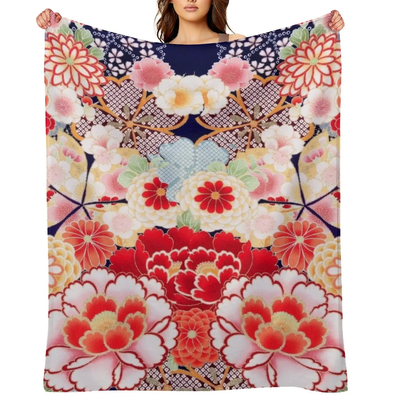 ANTIQUE JAPANESE FLOWERS Pink White Wild Roses Kimono Style Floral Throw Blanket Sofas christmas decoration Flannel Blankets