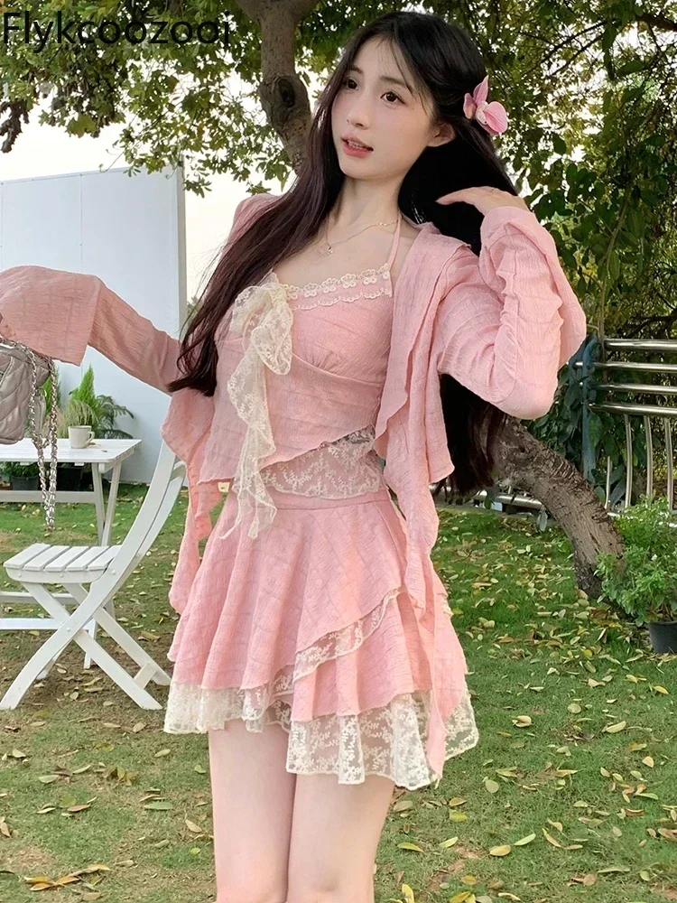 Fashion Popular Plus Size Sexy Spice Set Irregular Slimming Halter Vest Flared Sleeve Cardigan Skirt Pink Three-piece Set