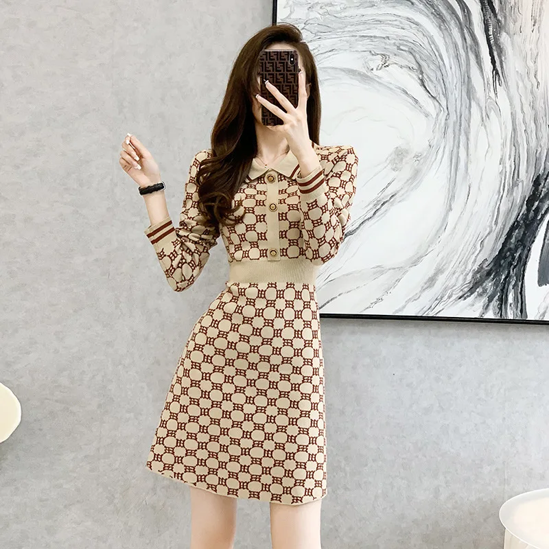 #0977 Khaki Sweater Dress Polo Neck Buttons Vintage Mini Dress Slim Fit Knitted Short Dress Female Sexy Short Retro Pencil Dress