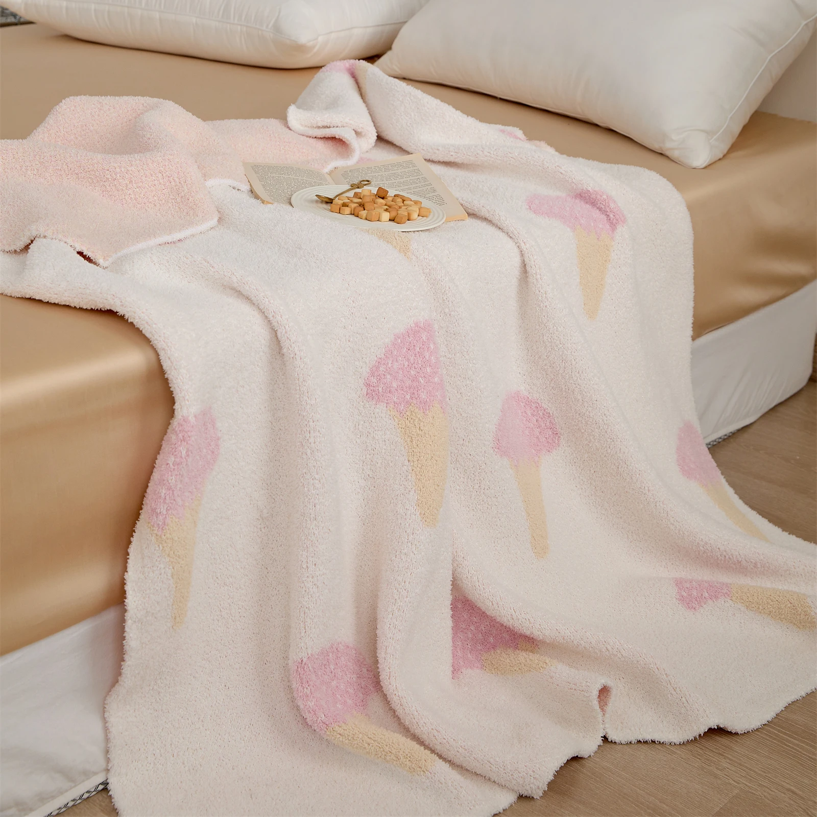 REGINA Kawaii Ice Cream Jacquard Blanket Soft Cozy Fluffy Downy Furry Fur Microfiber Knitted Throw Blanket For Sofa Bed Armchair