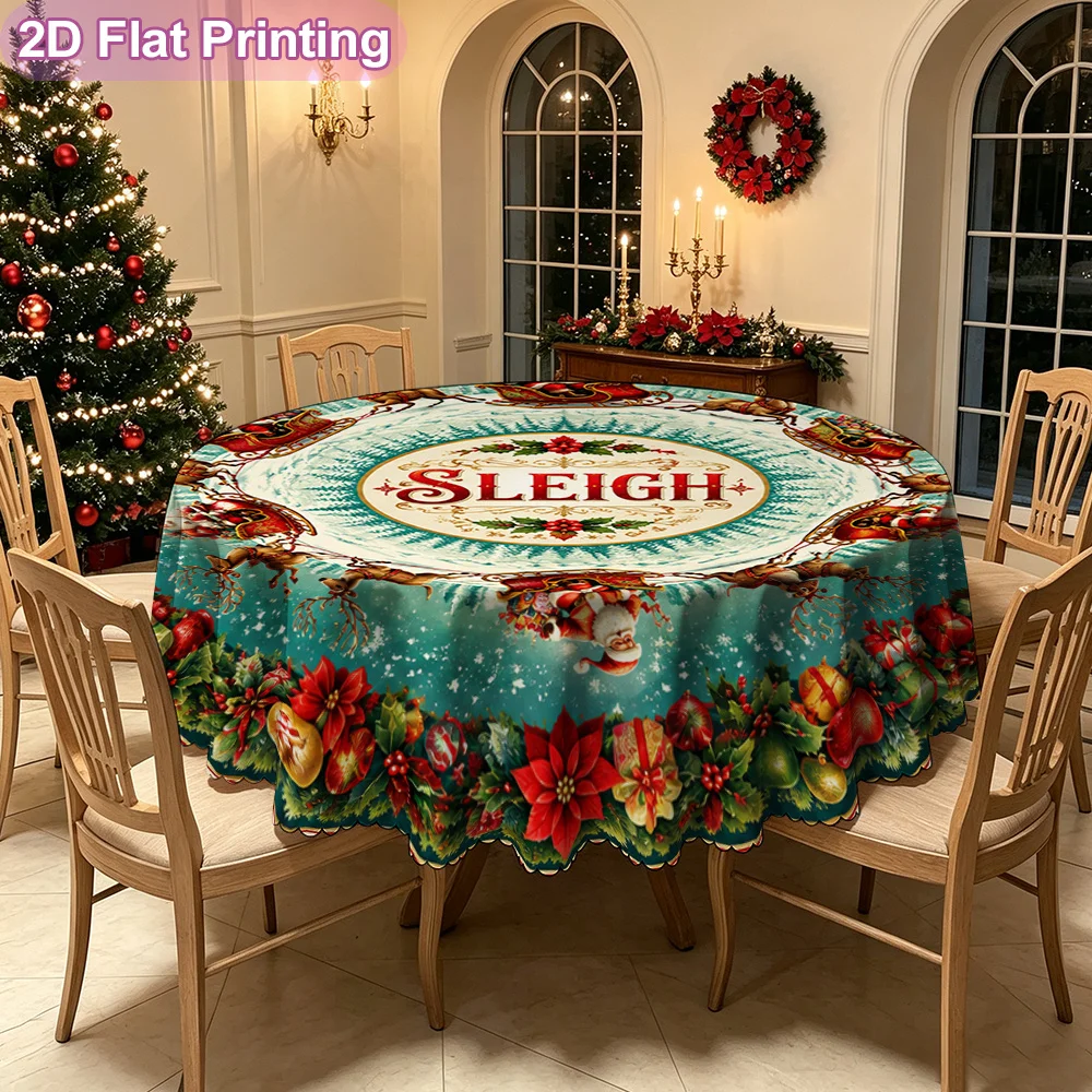2D flat single piece festive round tablecloth, Santa Claus sleigh round design pattern