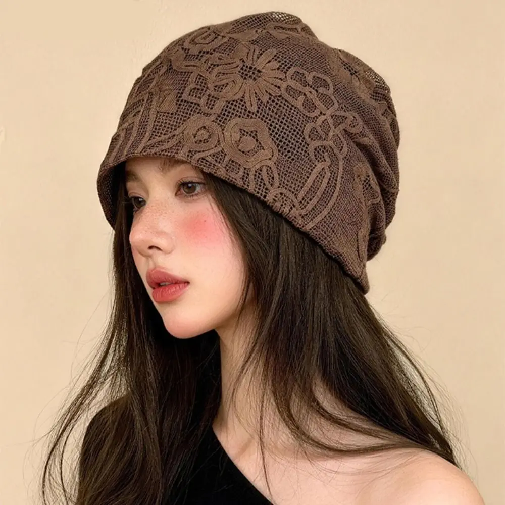 Sweet Embroidered Crochet Flower Lace Hat Breathable Spicy Girl Weave Knitted Cap Thin Korean Style Flower Pile Hat Girls