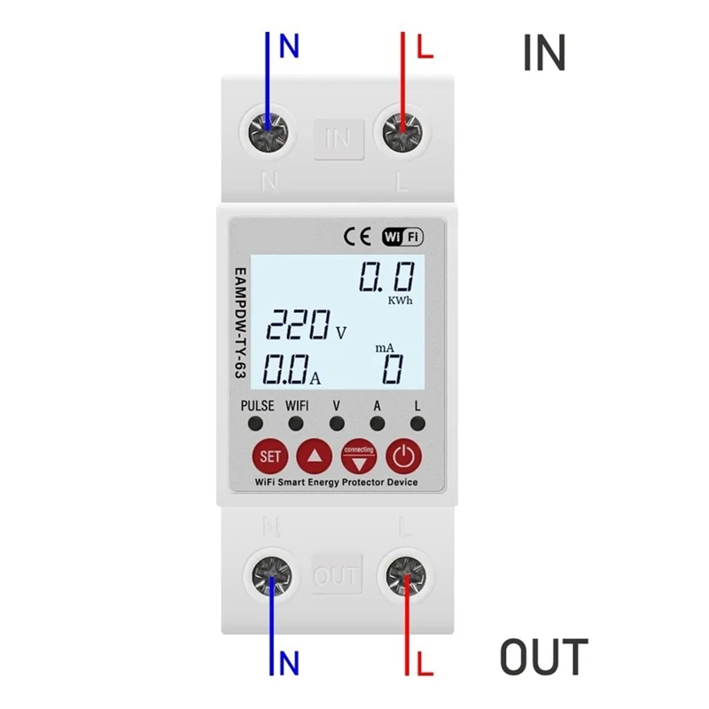 2P 63A TUYA Wifi Smart Protector Relay Device Switch Breaker Earth Leakage Over Under Voltage Energy Power Kwh Meter