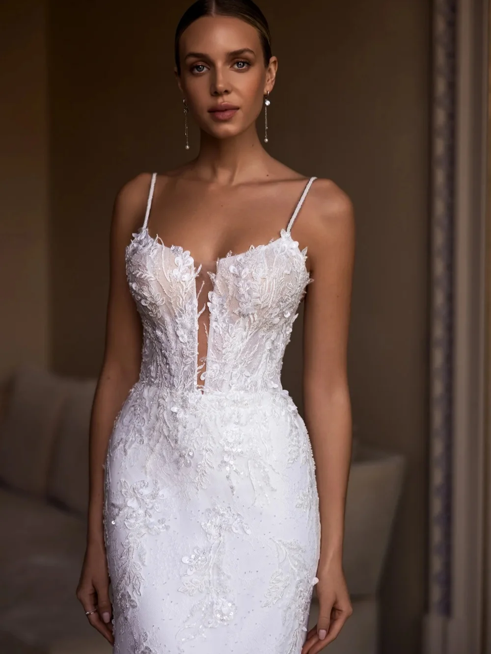 جديد وصول مطرز رقيقة الأشرطة فستان الزفاف الدانتيل يزين حورية البحر ثوب الزفاف جديد مخصص الطابق طول فساتين للعروس #4