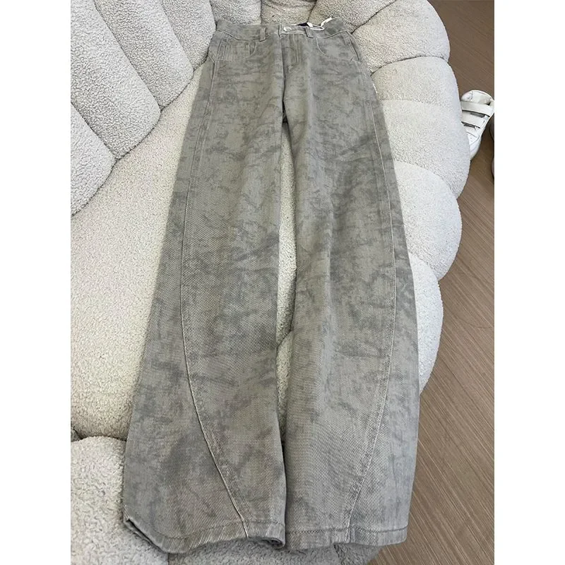 Men's/Women's Summer Beige Abstract Print Wide Leg Jeans High Waist Loose Fit Denim Pants