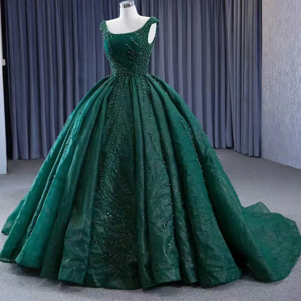 Vestido de noche verde sin mangas personalizado con cordones en la espalda con lentejuelas y perlas con cuello redondo para mujer