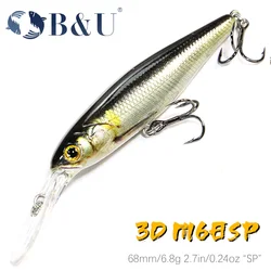 B&U 68mm 3D Printing Shad Suspending Minnow Artificial Fishing Lure Jerkbait Wobblers Bass Pike Swimbait Fishing Lures