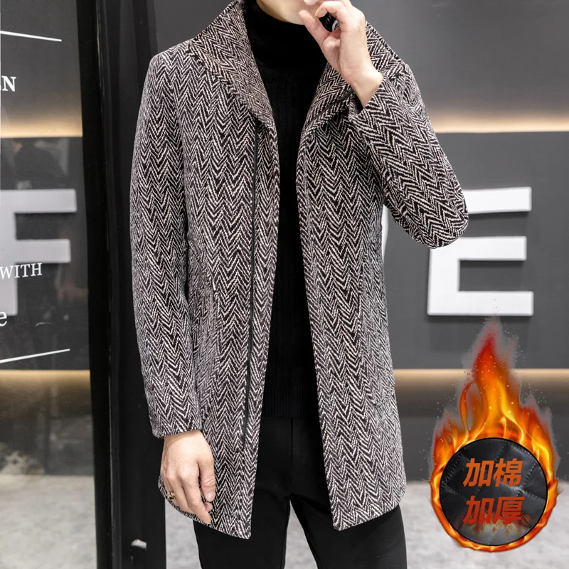 Koreańskie wełniane kurtki średniej długości Mężczyźni Wszechstronny Casual Business Trencz Slim Gruby Ciepły Streetwear Wiatrówka Płaszcz — zdjęcie 5