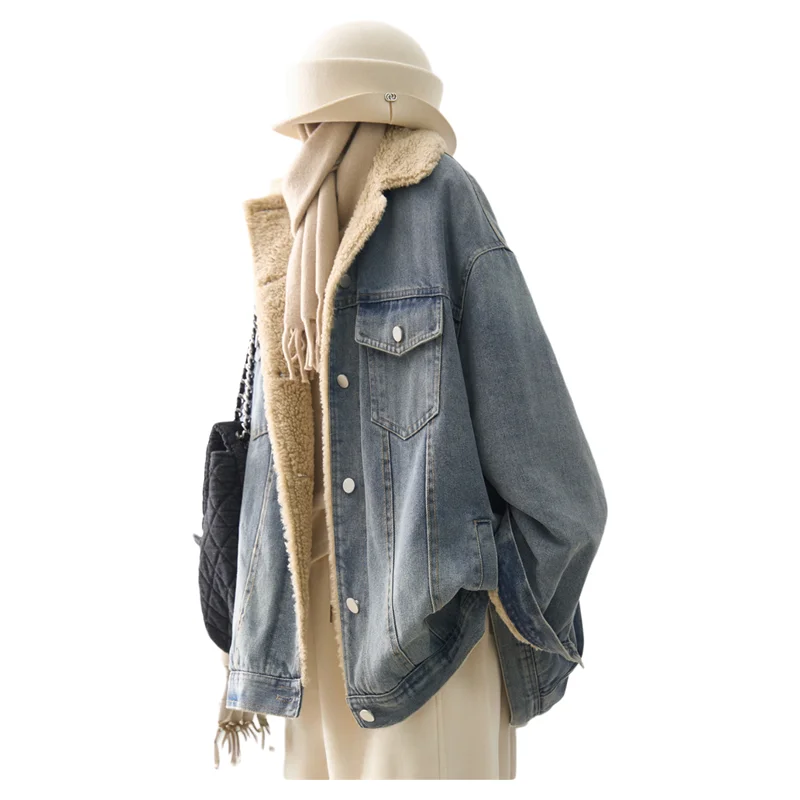 

Women Faux Shearling Denim Jacket Oversized Mid Length Thickened Fleece Lined Button Front Casual Winter Coat
