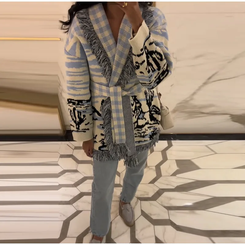 Jacquard Fringe Belted Wrap Knit Cardigan Lapel All Over Pattern Raw Fringe 2026 Autumn Winter Commute Lady Women Casual Coat 17 Saffdc4392b39489e873ff60dfacc7582J