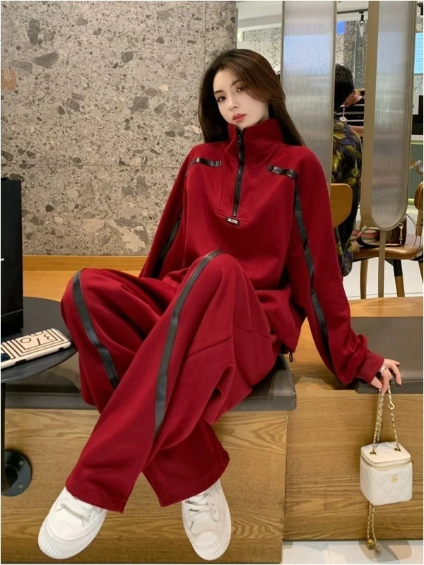 

Large Size 300 Pou Korean Sle Red Casual Sports Set Men's Autumn Winter Wide Leg Long Pants Two Piece Sweatirt Set