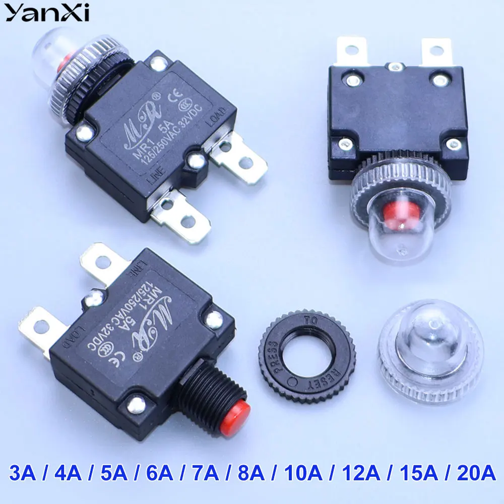 YanXi 5PCS Circuit Breaker Overload Protector Switch Fuse 3A 4A 5A 6A 7A 8A 10A 12A 15A 20A Resettable 220V With Waterproof Cap