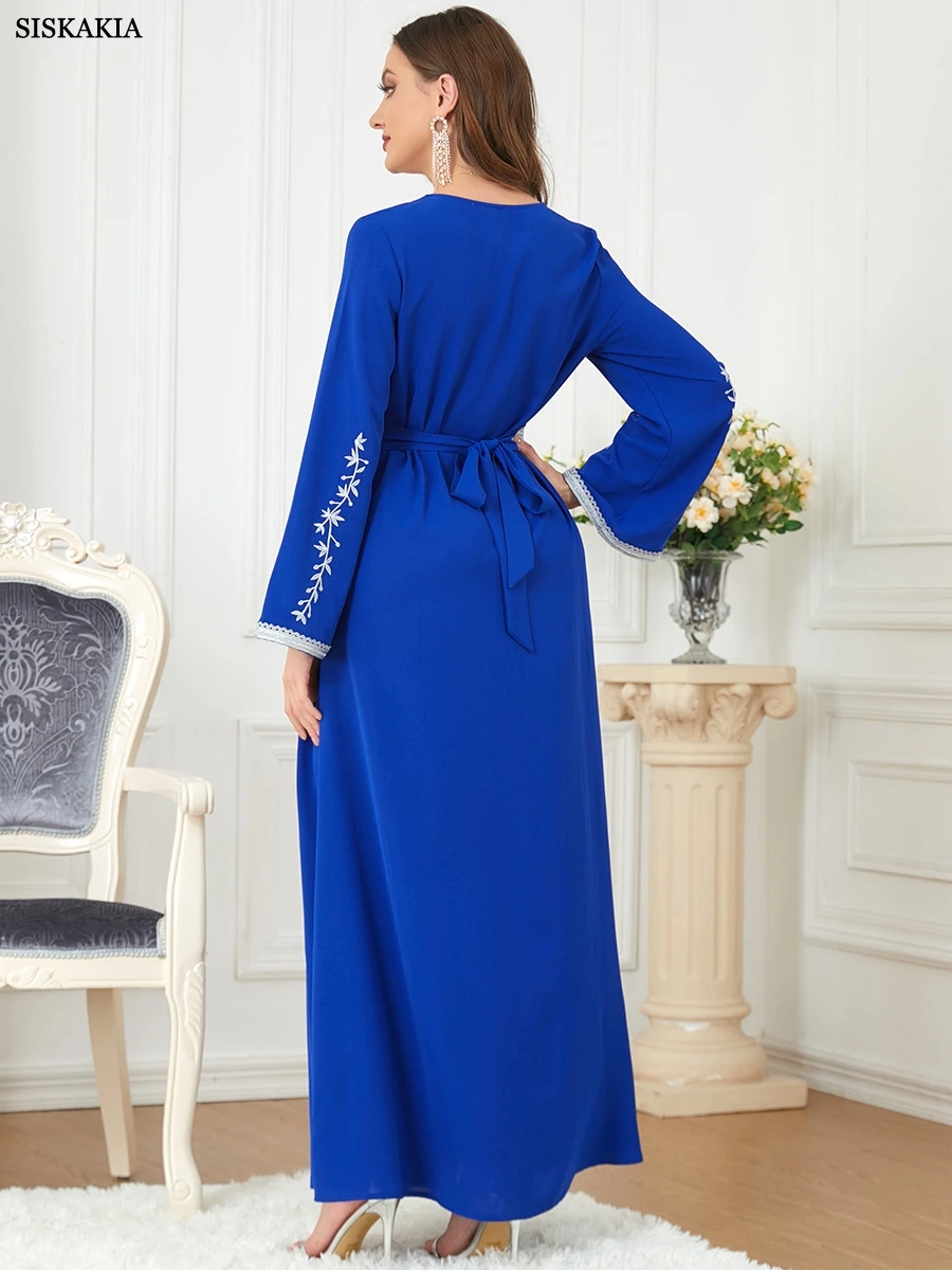 Abayat Emberoidery Maxi Dresses Ladies V-neck Long Sleeve Belted Kaftan Turkish Dresses For Women Jilbab 2022 Autumn New