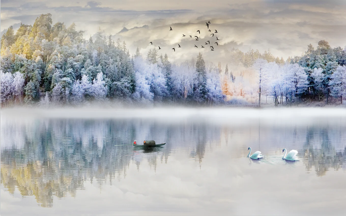 Customized Size Mural Ink Landscape Murals Home Decoration Snow Mountain Pine Forest Flying Birds Mist Forest 3d wallpaper