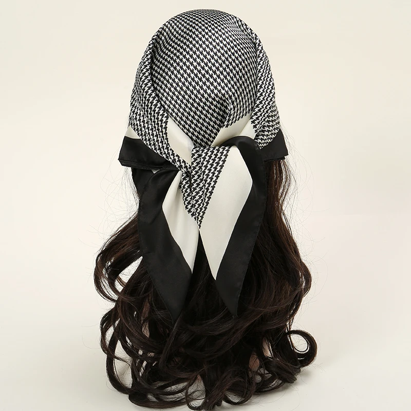 Luxury Brand Houndstooth Print Square Scarf Women Soft Satin Hairband Neckerchief Tie Female Headband Foulard Bag Ribbon 70*70cm