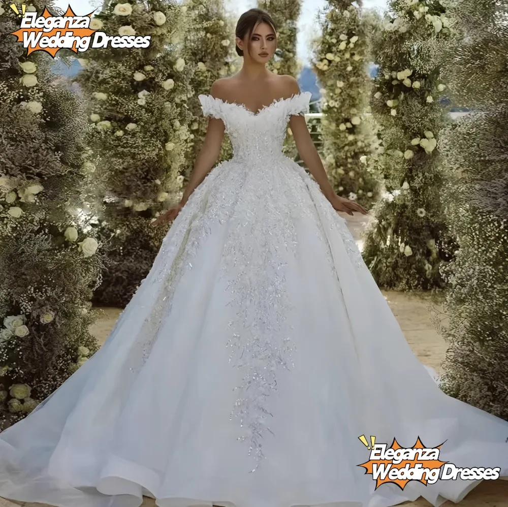 Customized Ball Gown Princess Wedding Dresses Sweetheart Off The Shoulder Vestido De Novia Lace Sequined Shiny Robe De Mariee